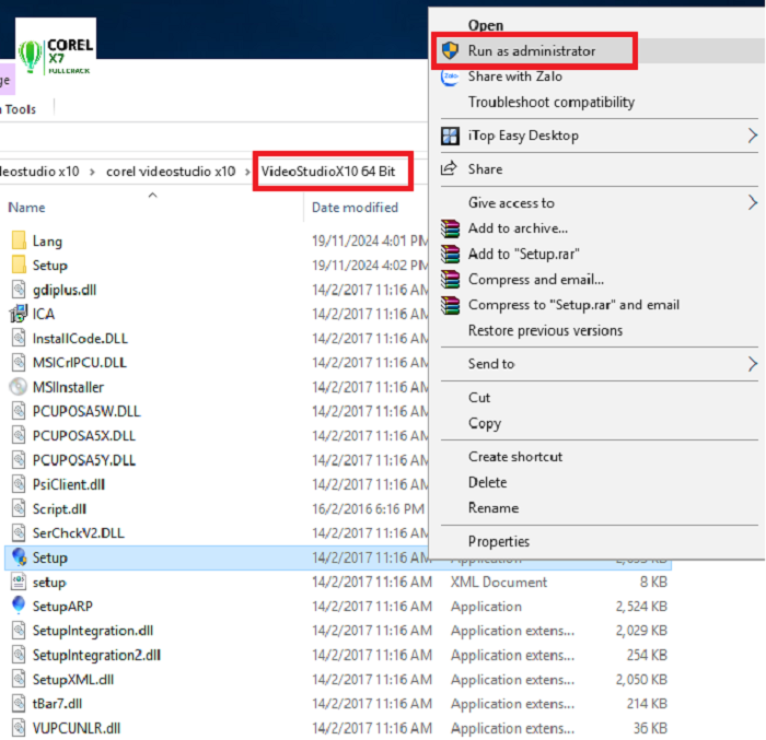 Chạy file setup bằng Run as adminitrator