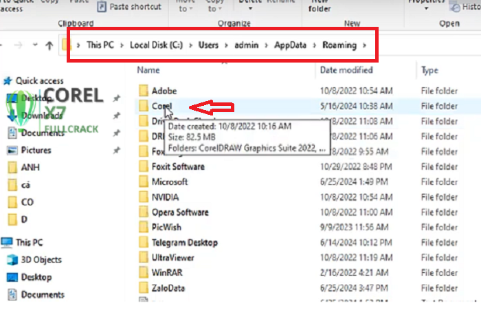 Chọn vào thư mục Corel